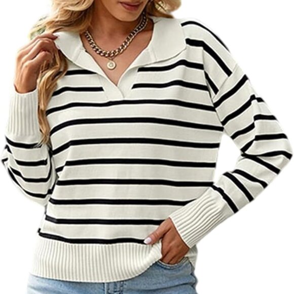Women Striped Sweater Polo V Neck Long Sleeve Loose Sweater Knit Pullover Jumper - Picture 1 of 5